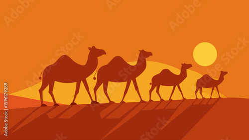 stylized caravan of camels with geometric shadows