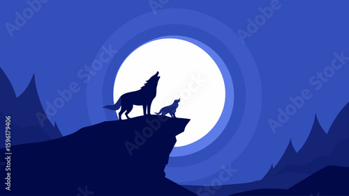 two silhouetted wolves howling on opposite cliffs