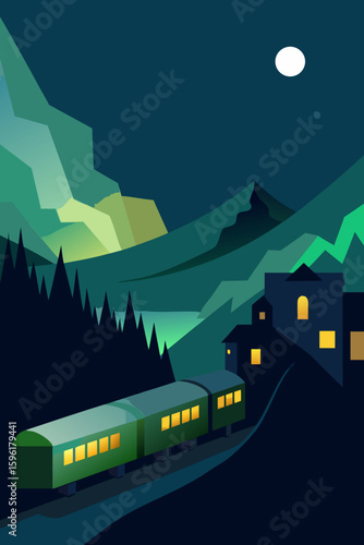 train winding through mountain town at night winding rails