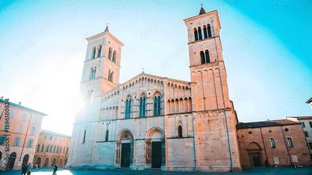 Obraz premium Historic Romanesque Cathedral in Trier Germany with Sunlight and Blue Sky