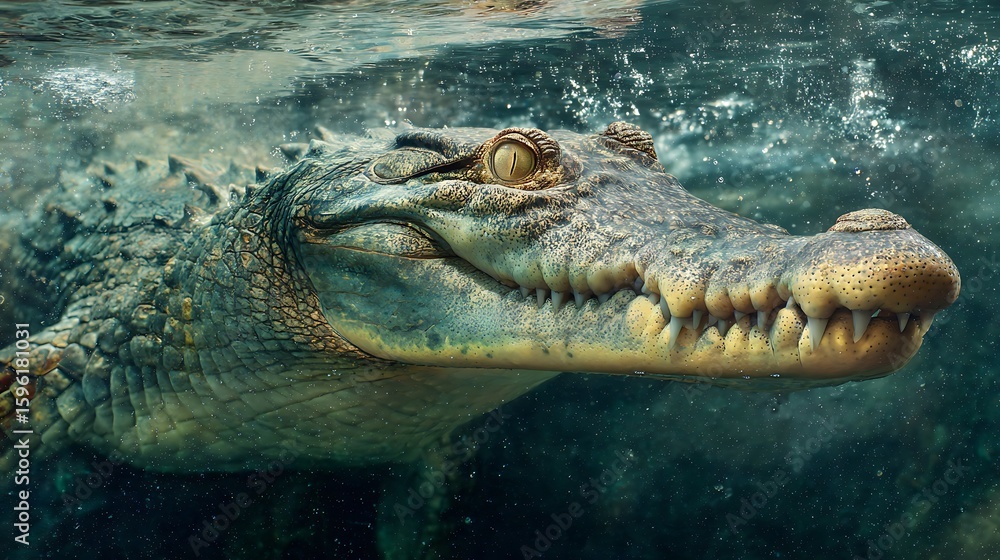 Fototapeta premium Underwater Close-Up of a Crocodile in the Wild / 野生のワニの水中クローズアップ