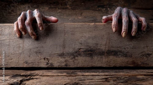 Two ghoulish hands grip the edge of a rough weathered wooden surface against a dark backdrop
