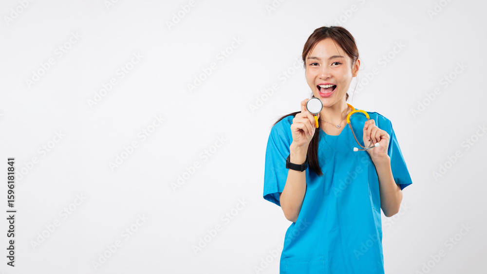 Smiling asian woman nurse, stethoscope holding medical in clinic, young medical professional who listens to your heart female doctor and nurse holds a yellow stethoscope, isolated white background Smiling asian woman nurse, stethoscope holding medical in clinic, young medical professional who listens to your heart female doctor and nurse holds a yellow stethoscope, isolated white background