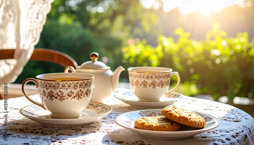 Fototapeta premium Elegant Tea Set with Cookies at Sunset in Cozy Garden Setting