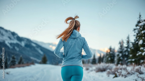 A young woman runs on a snowy mountain trail, viewed from behind. She wears icy blue winter running gear leggings, base layer and windbreaker. Her blonde hair is in a high ponytail