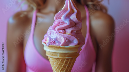 Wallpaper Mural Woman in pink top holds tall swirled soft-serve ice cream cone against a pink backdrop. Torontodigital.ca