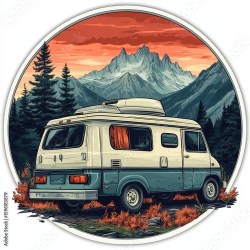 Vintage camper van parked in a mountainous landscape during sunset surrounded by trees