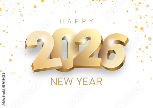 Vector illustration with volumetric 3D golden numbers for celebrating the new year 2026. Inscription hangs in the air on a white background. In the background there is a scattering of golden confetti