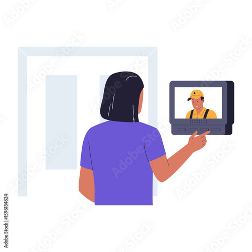 Woman Using Video Doorbell Monitor to See Visitor. Smart Home Security Illustration. Illustrations for websites, landing pages, mobile apps, posters and banners