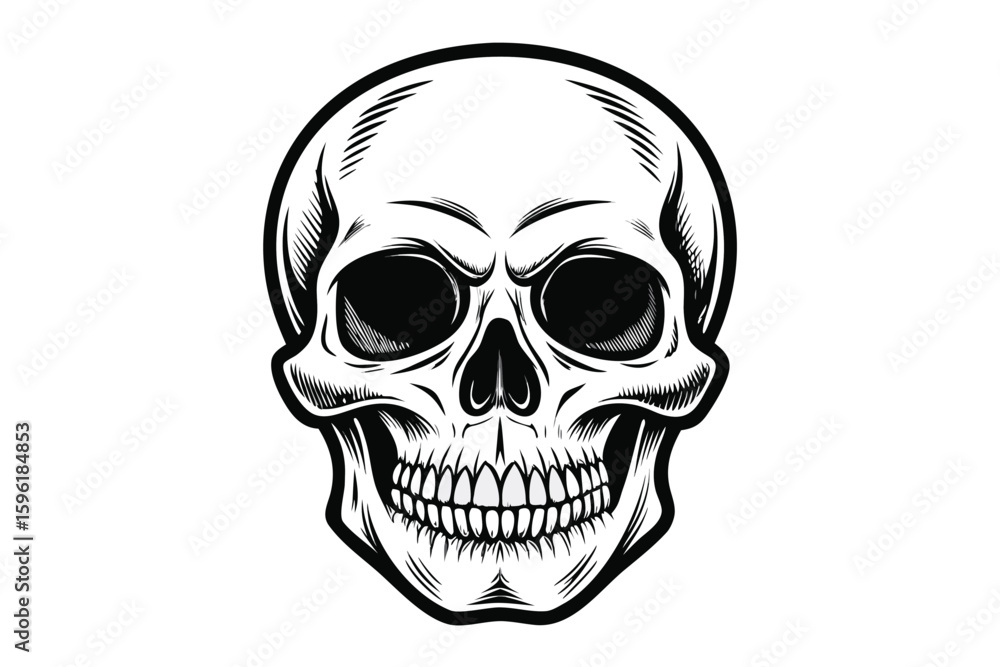 Fototapeta premium Frontal Illustration of a Human Skull with Bold Outlines and Details