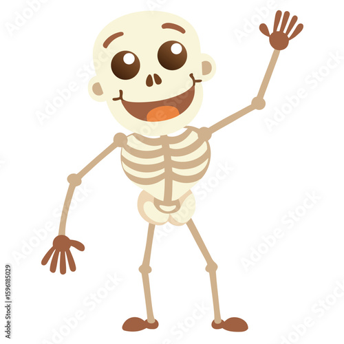 Happy Cartoon Skeleton Character Waving Hand, Isolated on White Background for Halloween Fun