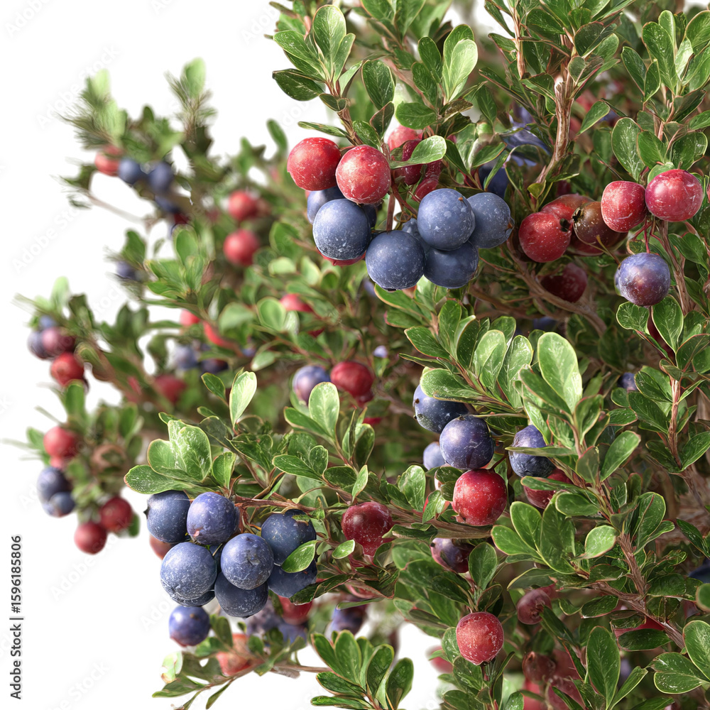 Obraz premium A close-up view of vibrant blueberries and red berries nestled among lush green leaves.