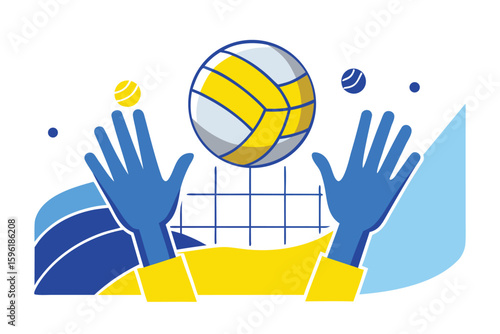 Illustration of Hands Playing Volleyball Over a Net With Abstract Shapes