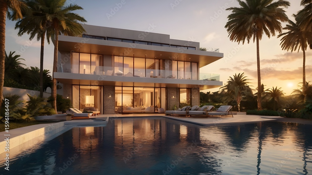 Obraz premium Luxury Coastal Villa with Infinity Pool and Sunset Ocean View