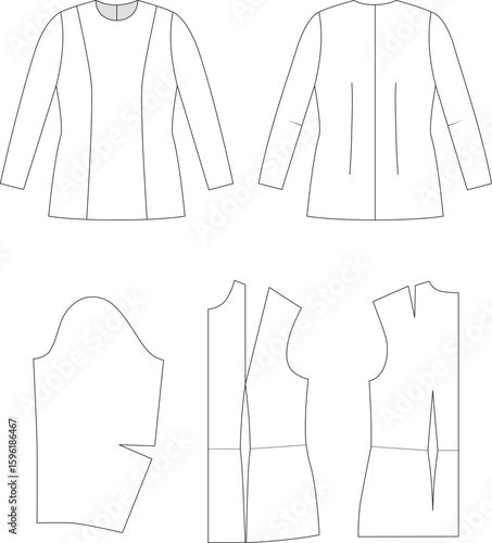 Editable technical flat and pattern blocks of a fitted long-sleeved basic top with princess seams and darts. Includes front, back views, and pattern pieces. For fashion design and production.