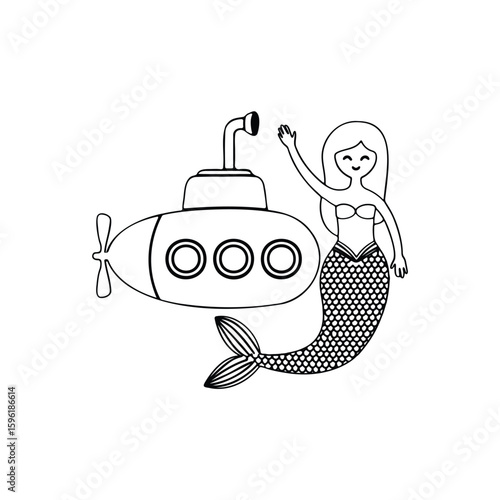 Submarine meeting a swimming mermaid