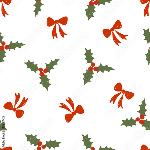 Christmas holly and red bows seamless pattern on white festive background. Vector illustration