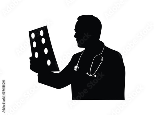 silhouette of doctor checking patient's X-ray results isolated on white background
