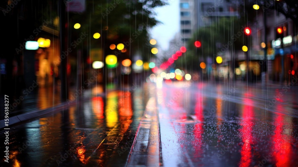 Rainy night city street with blurred lights reflecting on the wet pavement Rainy night city street with blurred lights reflecting on the wet pavement