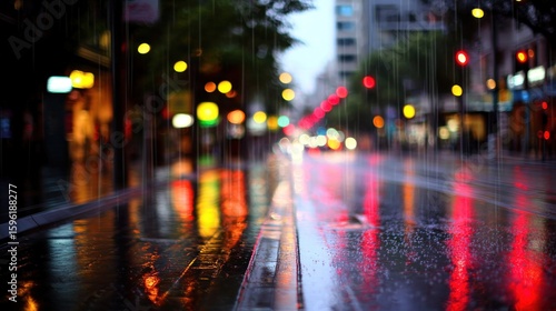 Rainy night city street with blurred lights reflecting on the wet pavement