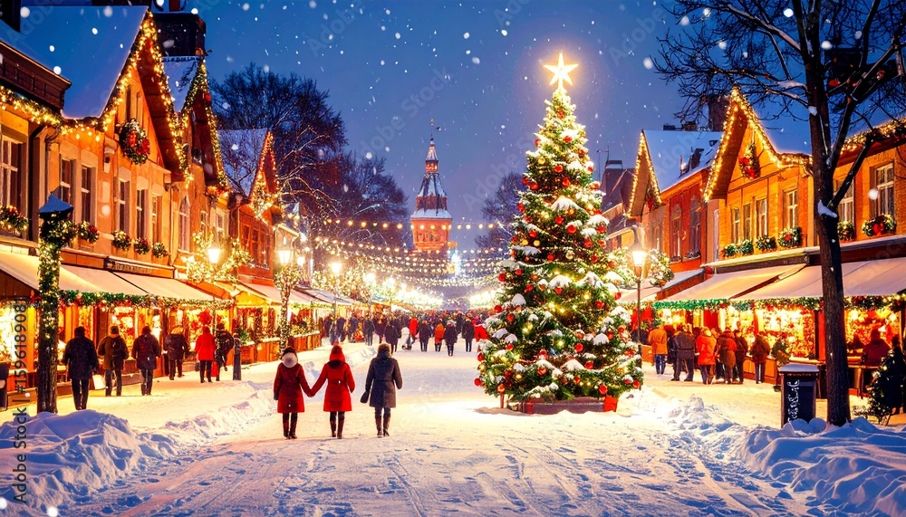 Obraz premium Aerial View Illustration of European City with Christmas Lights and Decorations on Snowy Night.