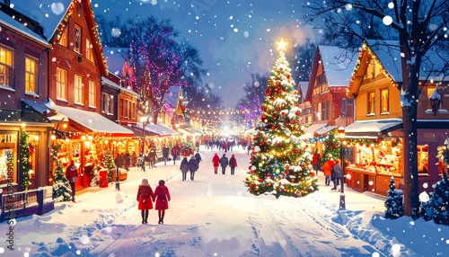 Aerial View Illustration of European City with Christmas Lights and Decorations on Snowy Night.