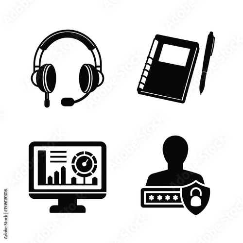 Headphones icons set in black for music technology and communication vector illustration