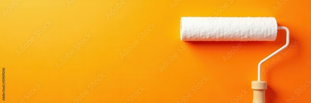 Obraz premium White paint roller on orange wall, copy space , home improvement, bright, design