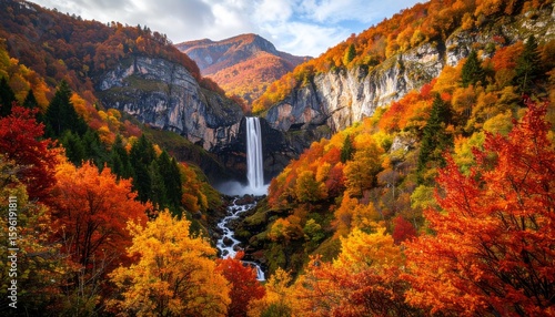 紅葉に囲まれた滝の風景　絶景