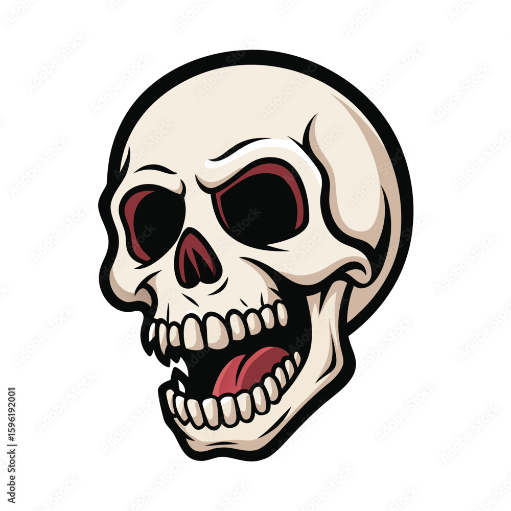 Fototapeta premium Stylized Cartoon Skull with Open Mouth, Visible Teeth, and Dark Red Eye Sockets Illustration