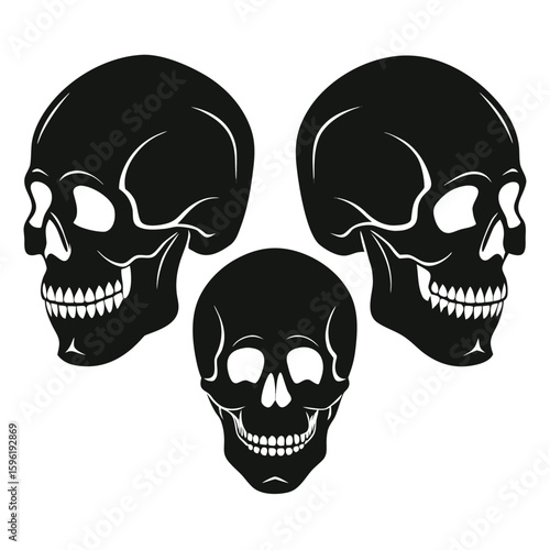 Three Black Skulls Arranged on a White Background, Two in Profile View