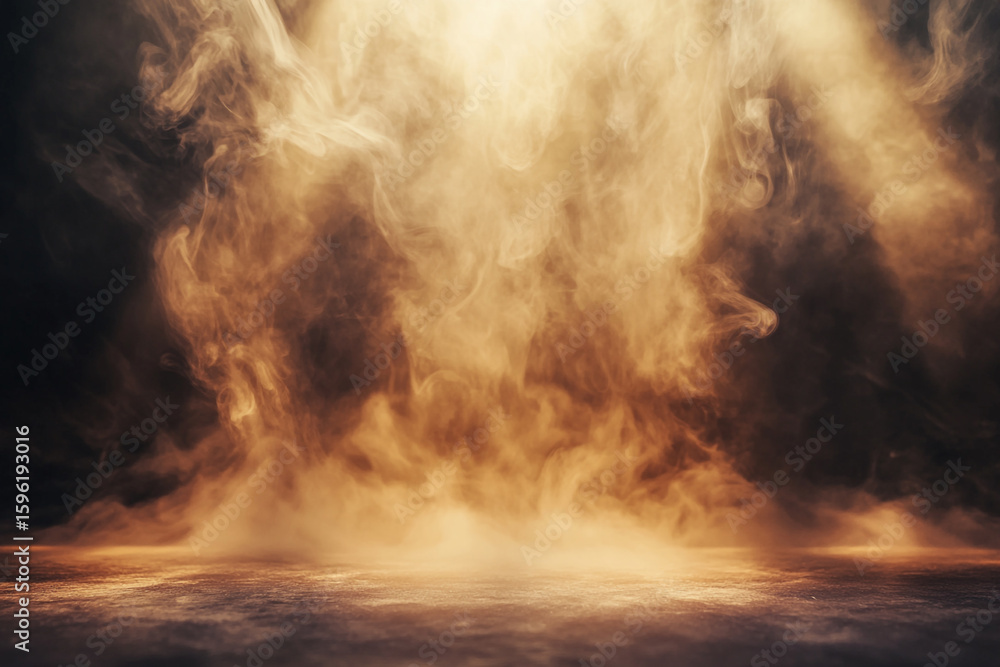 Obraz premium Golden smoke effect on dark background dramatic lighting empty surface