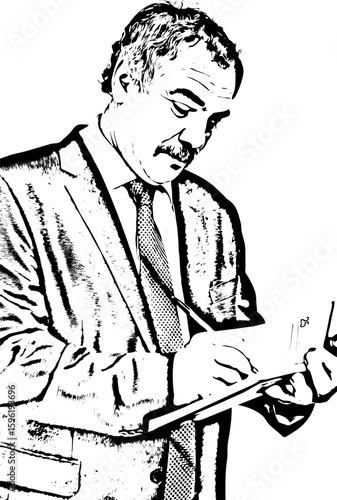 Middle aged businessman writing in agenda
