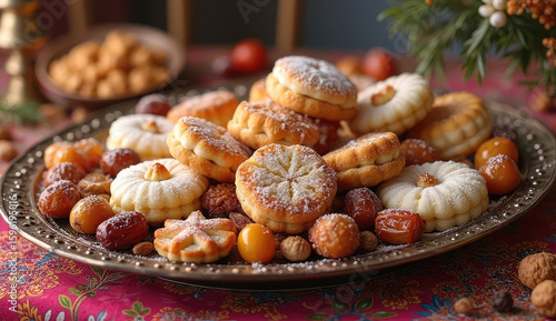 Deliciously decorated cookies and dates on a decorative plate