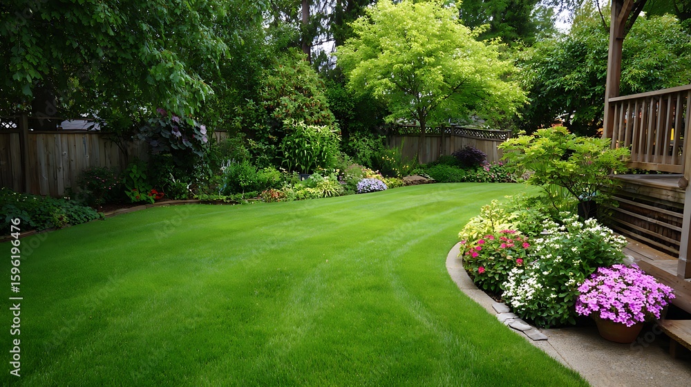 Fototapeta premium Beautifully Landscaped Backyard Garden / 美しく整えられた裏庭のガーデン風景