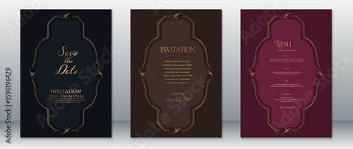 Luxury wedding invitation set with golden ornamental borders on navy, chocolate brown, and wine-red backgrounds. Features refined calligraphy and classic composition.