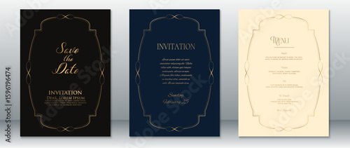 Elegant wedding card and menu template set featuring thin gold frames with minimalist curves. Designed in classic black, navy, and ivory tones-perfect for upscale weddings and formal events.