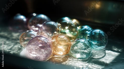 Wallpaper Mural Group of small, round, transparent spheres scattered on a black surface. the spheres are of different colors - pink, purple, orange, and blue - and are illuminated by a soft, warm light. Torontodigital.ca