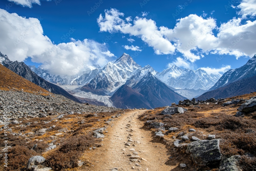 Obraz premium A scenic mountain trail winds through a rugged landscape.
