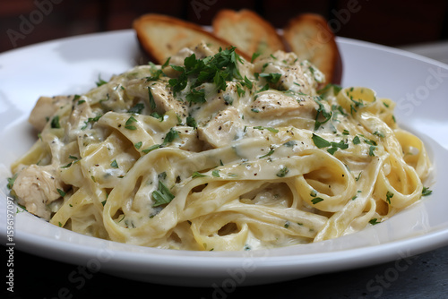 Fettuccine Alfredo with chicken and toasted bread served on a white plate