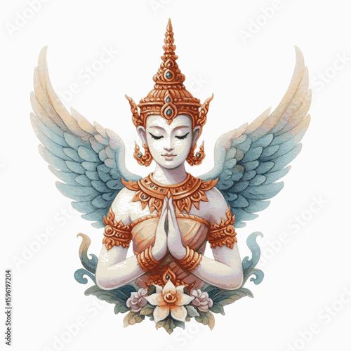 Descending Grace: Thai angels isolated watercolor vector illustration svg