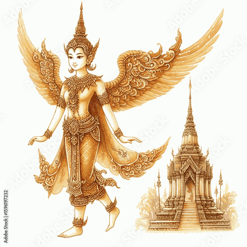 Misty Devata: Thai angels isolated watercolor vector illustration svg