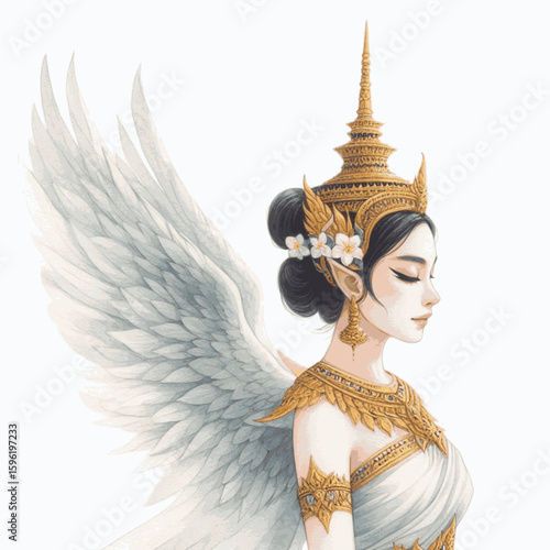 Gilt-Touched Guardian: Thai angels isolated watercolor vector illustration svg