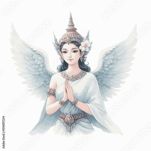 Saffron Reverie: Thai angels isolated watercolor vector illustration svg