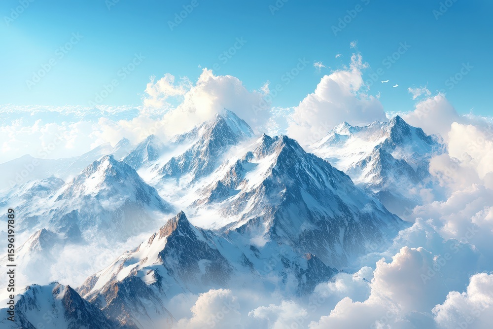 Fototapeta premium Majestic snow-capped mountain peaks rising above fluffy clouds.