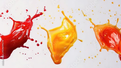 Three colorful liquids splash on a white background
