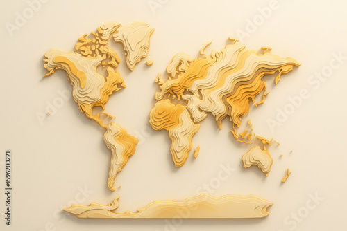 Map of the world made of light wood layers
