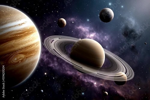 Motion video of alien solar system with a majestic golden planet in the foreground, vivid nebula in the background with purples and blues