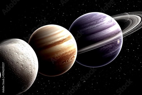 Motion video of alien solar system with a majestic golden planet in the foreground, vivid nebula in the background with purples and blues