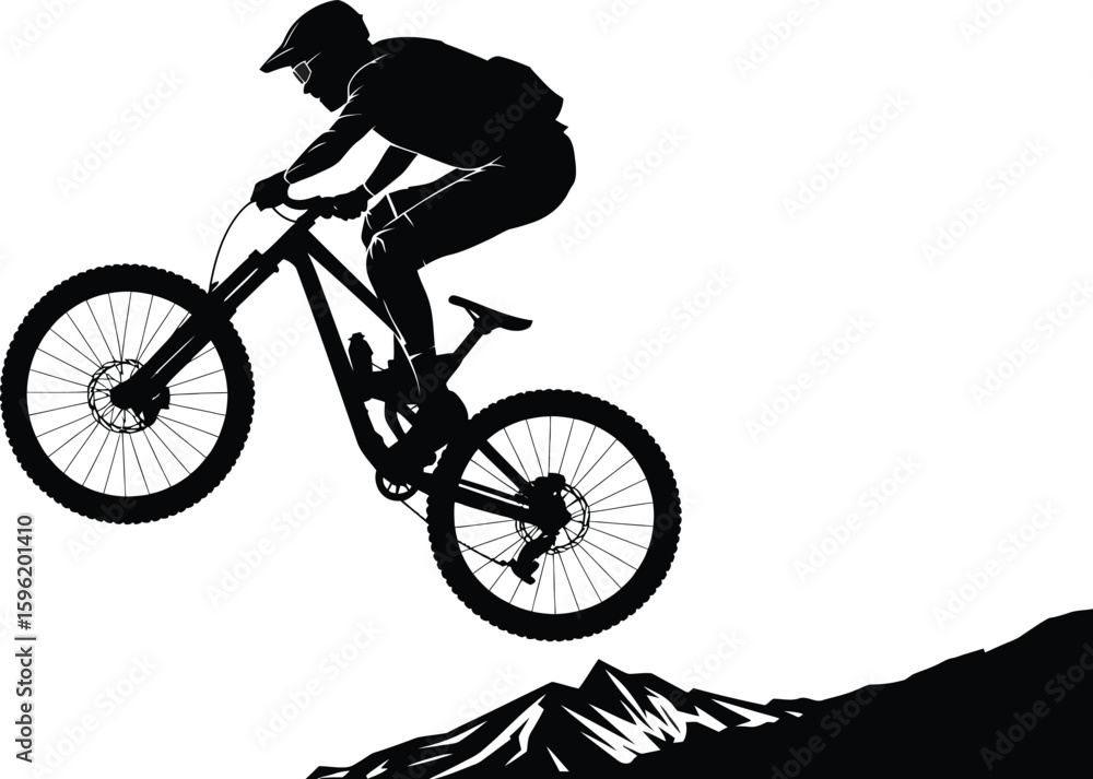Naklejka premium Silhouette of mountain biker jumping over peak, extreme sports adventure, downhill biking action, outdoor recreation in nature, black and white graphic design element